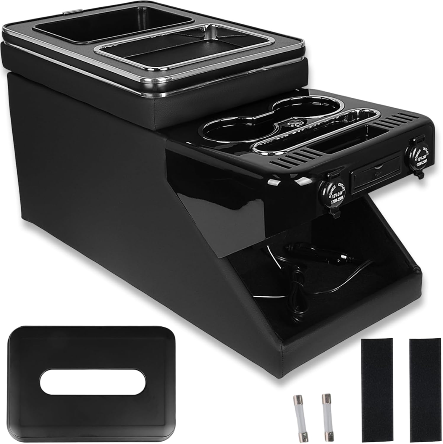 Center Console Storage Box for Mercedes V-Class Vito W447 2014-2023, 4 USB Ports Cup Holders Faux Leather, Wireless Charging & LED Lighting