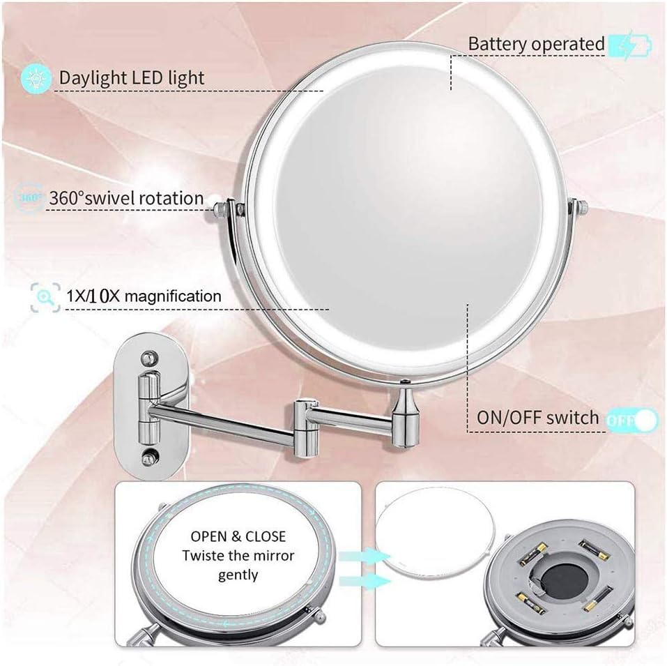 LED Vergrößerungsspiegel mit 360° Schwenkbar, verstellbare Beleuchtung für Make-up und Rasur