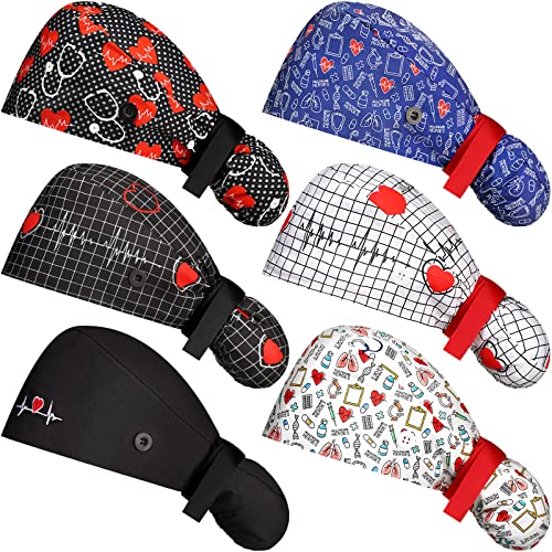 6 Pieces Adjustable Bouffant Cap with Button Women Long Hair Ponytail Hat (Hospital Pattern)