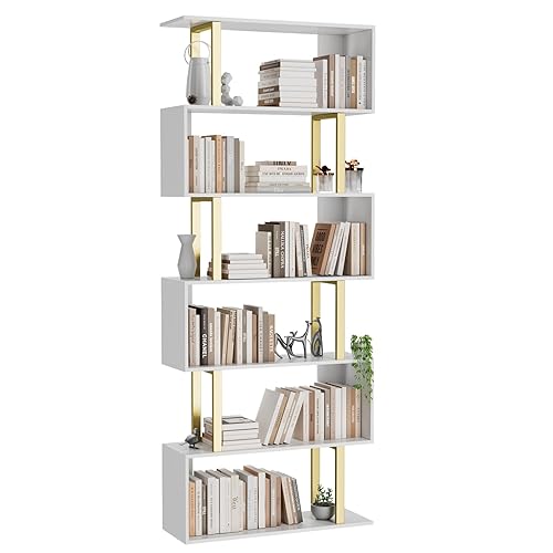Gadroad 6 Tier Geometric Bookcase, Display Book Shelves, Modern Corner Bookcase Storage Shelf Wood for Bedroom, Living Room, Home Office, Gold and White - Gold - 74" H