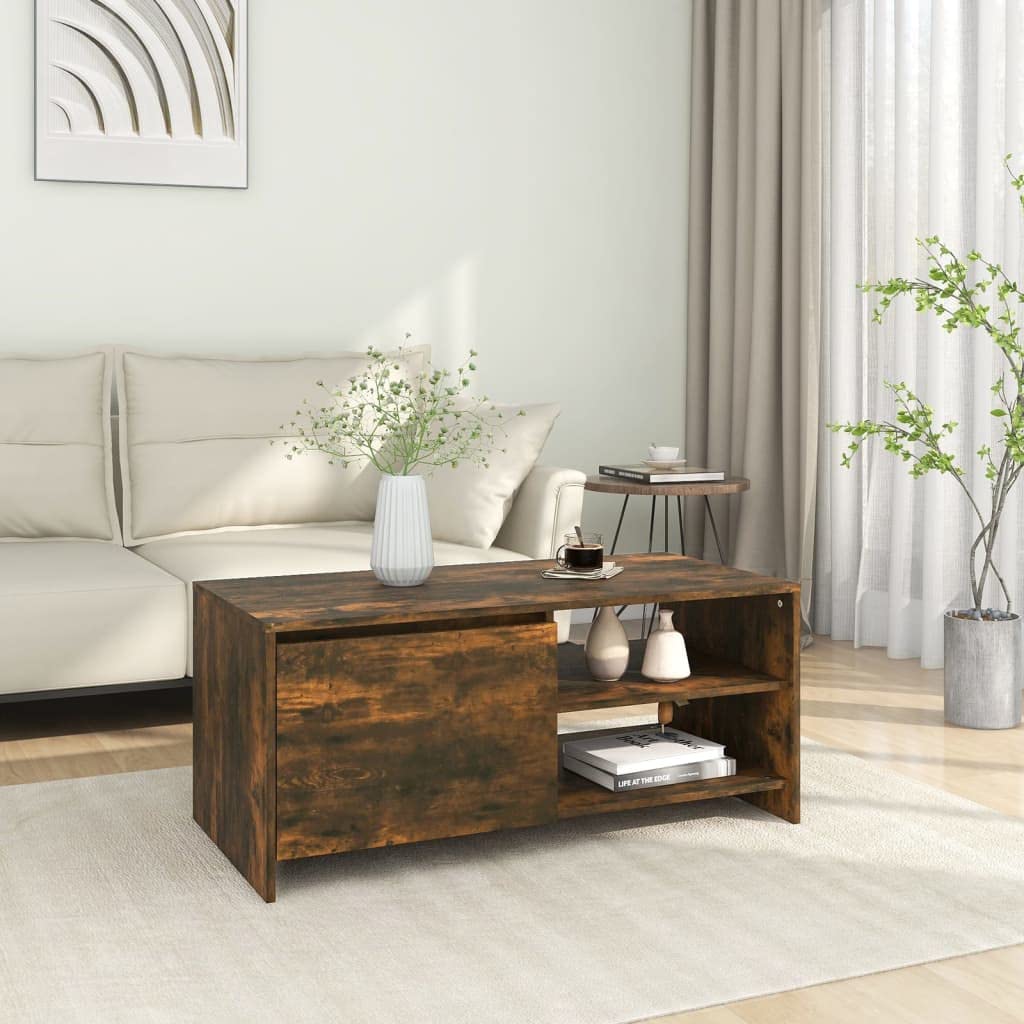 Mesa de centro de roble ahumado, 102 x 50 x 45 cm, de material de madera, moderna mesa de salón con espacio de almacenamiento, estantes, puerta, duradera, fácil de limpiar, ideal para salón