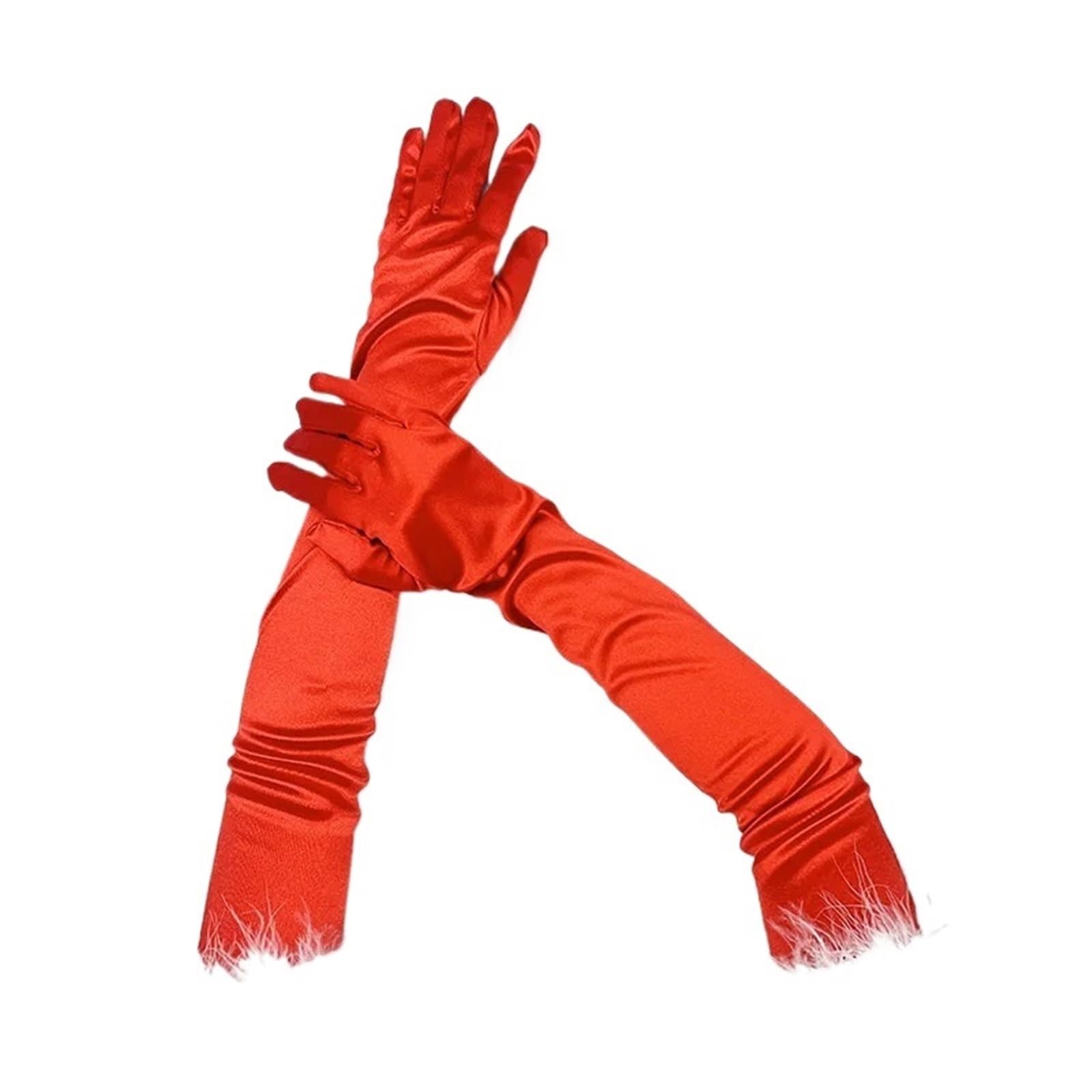 2 paia di eleganti guanti da ballo in raso con piume peluche, a dita intere for le donne, lunghi Halloween, accessori for feste Per Le Donne
