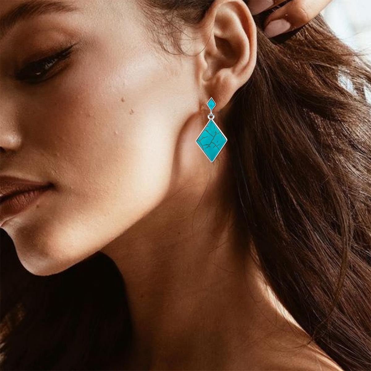 Genuine Turquoise Dangle Earrings, Sterling Silver Boho Vintage Earrings Western Jewelry Birthdays Gift for Women - Image 2