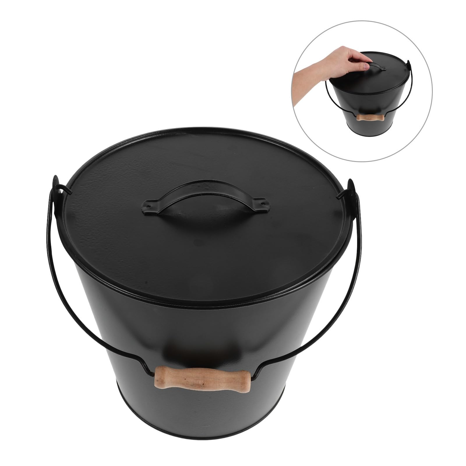 Hemobllo Cubo de Metal Negro para Cenizas con Tapa Segura y Asa de Madera, Adecuado para Estufas de Leña y Quemadores de Interior, para Recolectar Cenizas