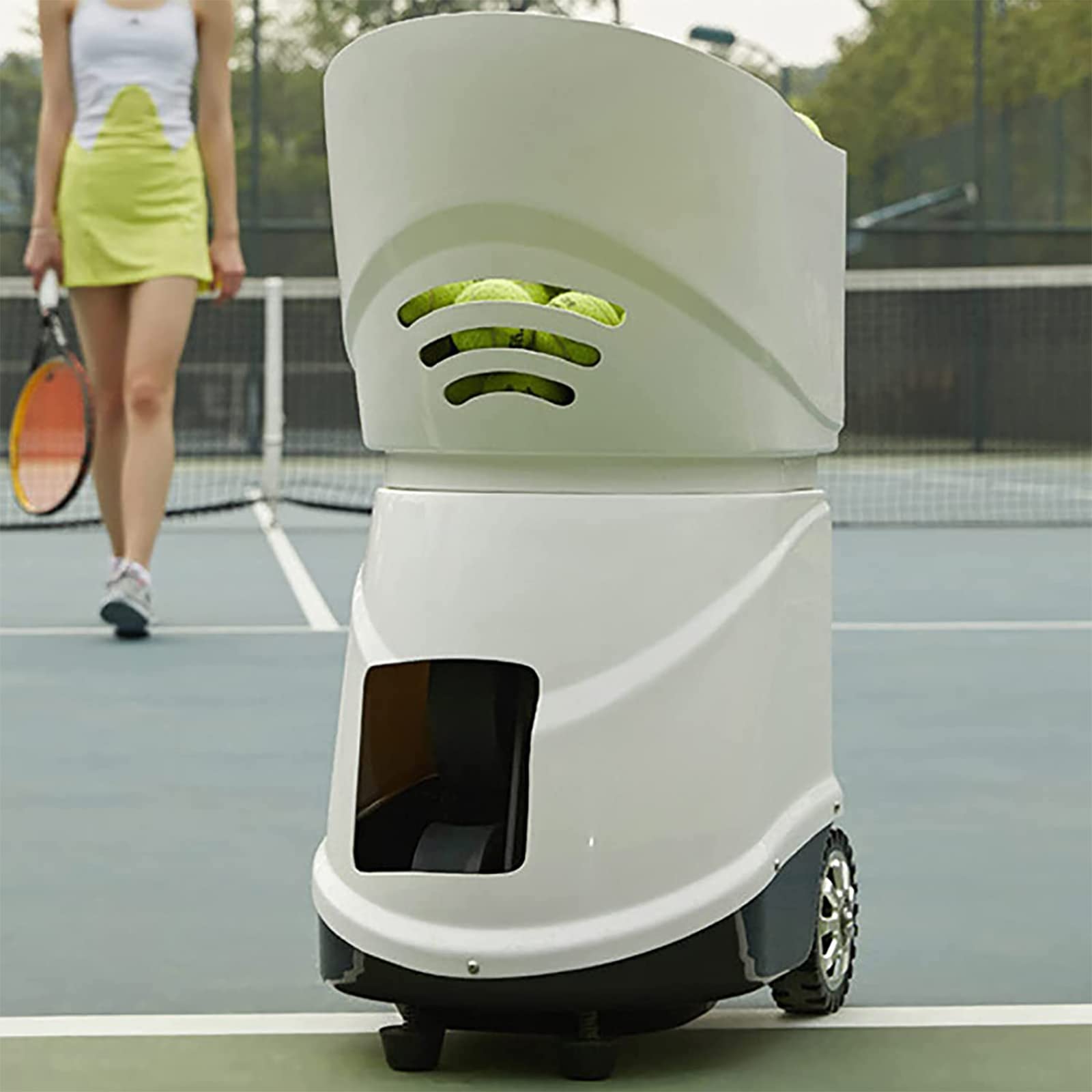 Lanciatore Automatico Tennis, Macchina per Palline Tennis, Telecomando App Mobile (velocità, Frequenza, Angolo, Rotazione, ECC.), Contiene 150 Palline, Adatto Tutti I Giocatori di Tennis