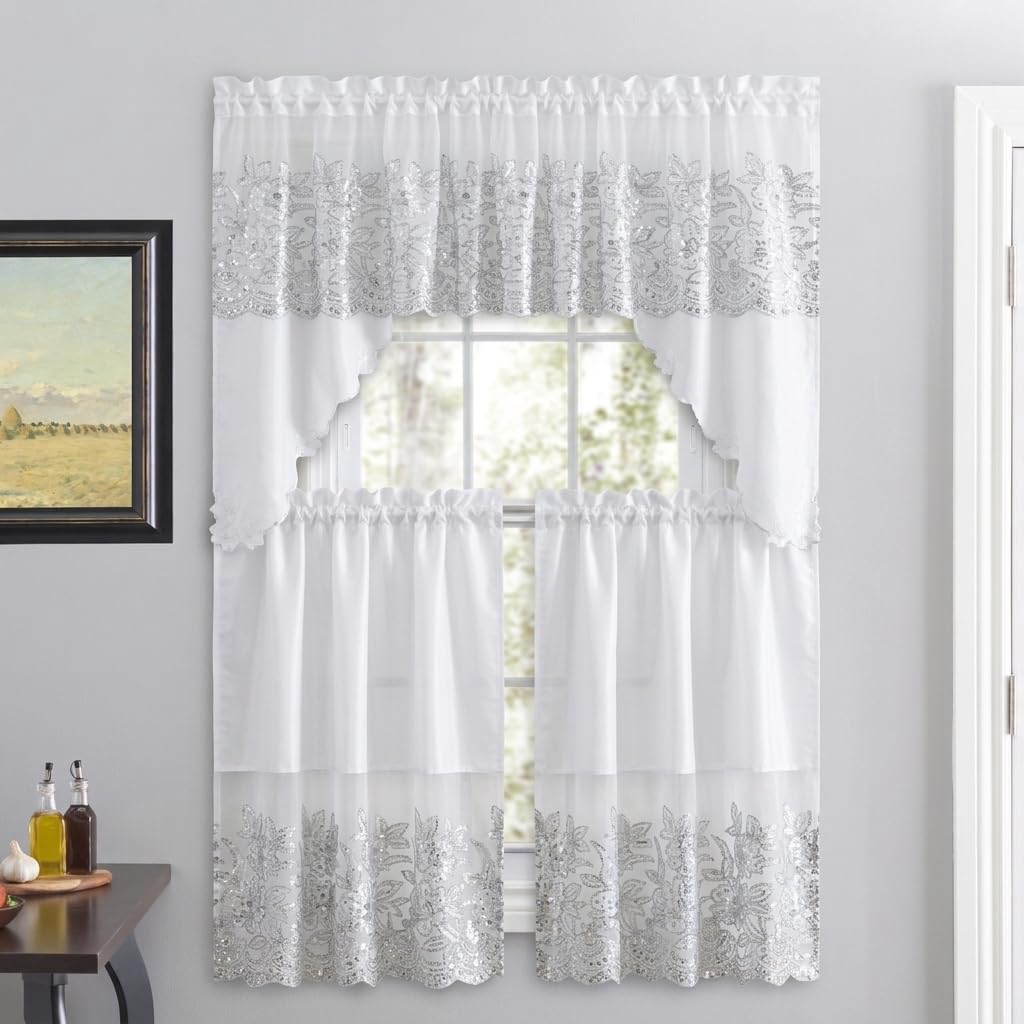 American Linen 3-Piece Sequin Embroidered Café Curtain Set