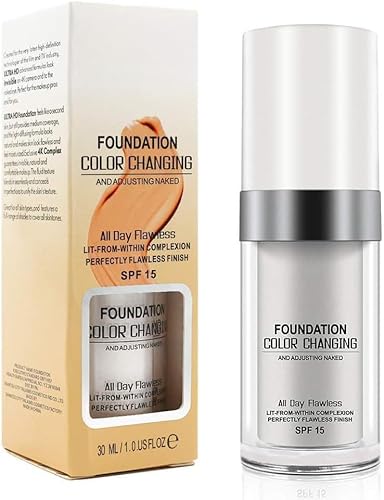 Foundation Color Changing For Mature Skin, Flawless Color Changing Warm Skin Tone Foundation SPF 15, All Day Flawless Foundation Waterproof, Lightweight, Long Lasting Natural Makeup, 30 ML