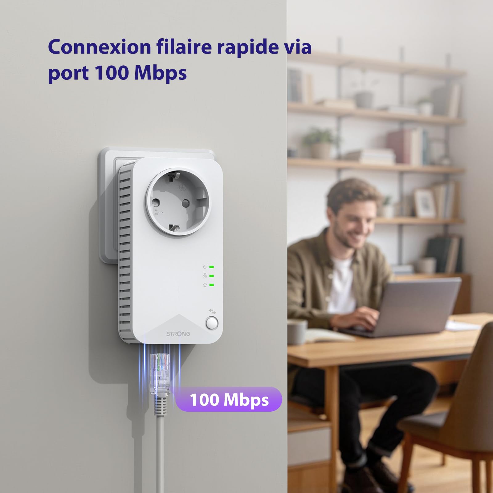 STRONG CPL AV600 Mbps, WiFi 300 Mbps, Prise Intégrée Type F, Box CPL WiFi HomePlug AV2, Plug & Play avec Bouton Pair, Port Ethernet 100 Mbps, Mode économie d’énergie, Kit de 2 (POWERLWF600DUOEUV2)