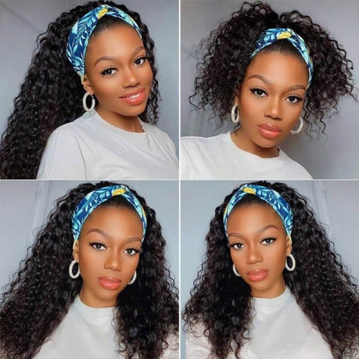 Image of XSY Headband Wig Deep Wave Human Hair Wigs 14 Inch Curly Headband Wigs for Black Women Glueless None Lace Front Wig Machine Made Wigs Natural Color