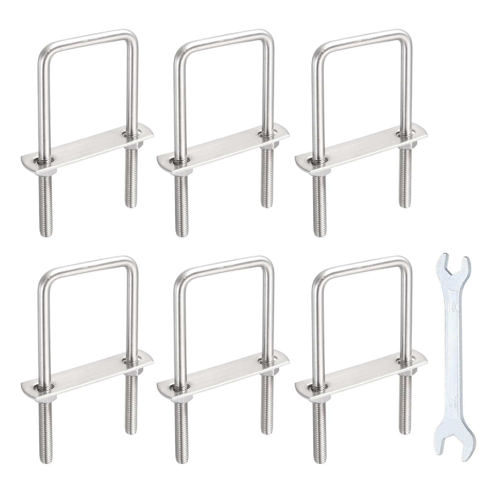 sourcing map 6 Sets M8 Square U-Bolts, 2.01"(51mm) Inner Width 3.1"(80mm) Length 304 Stainless Steel U Clamp Bolts with Nuts, Plates and Wrench for Trailer Ski Boat Fishing Boat โ image 1