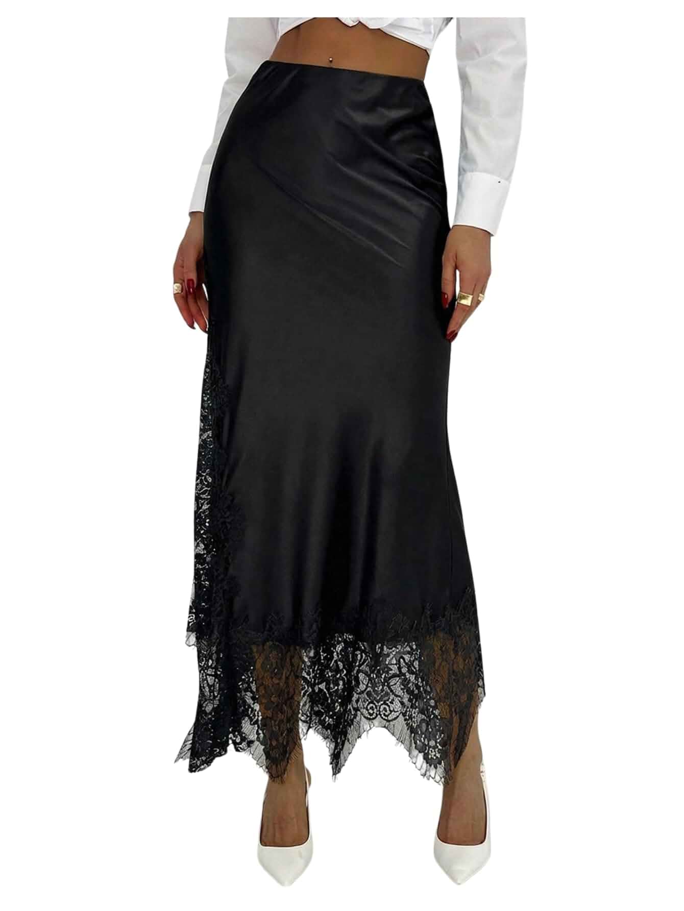 SOLY HUX Women's Satin Lace Maxi Skirt Low Rise Fishtail Long Skirts | Bodycon, Going Out, Party