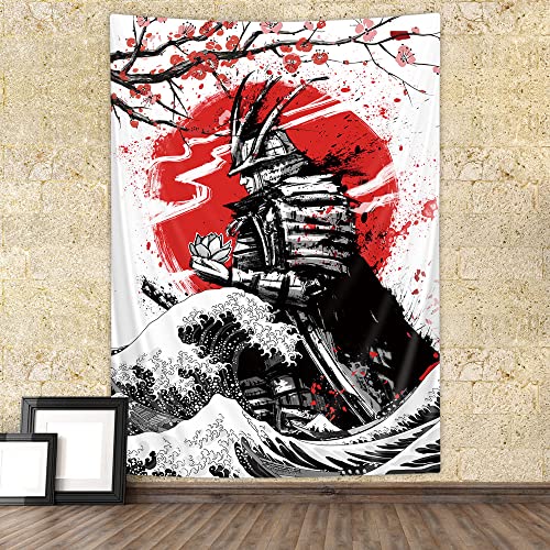 Japanese Anime Samurai Tapestry 40X60 Inches Pink Cherry Blossoms Japan Traditional Warrior Wall Tapestry For Men Boys Bedroom Kanagawa Ocean Wave Tapestry Wall Hanging For Living Room Bedroom Dorm #TOP1