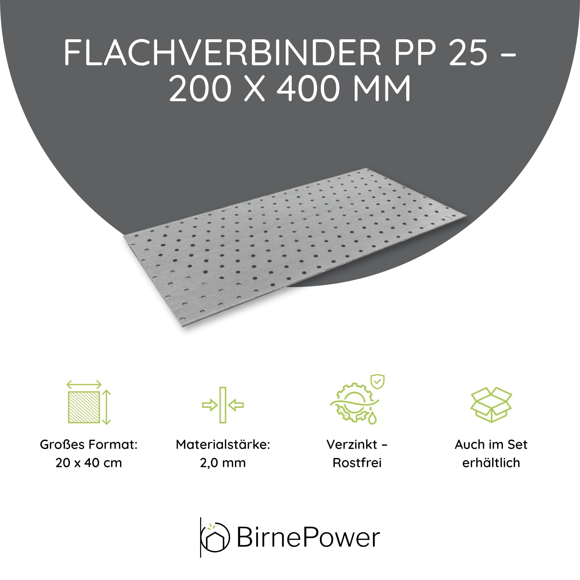 BirnePower Flachverbinder PP 25 (25 Stück) – Lochplatte 200 x 400 x 2,0 mm, Verzinkter Stahl, Holzverbinder für Balken & Dachstuhl, Montageplatte mit Universal-Lochung, Nagelplatte Stabil (Silber)