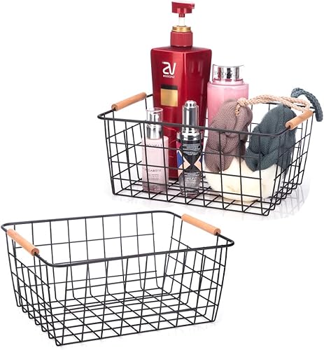 LeleCAT Cestas de alambre con asas de madera organizador de almacenamiento despensa armarios dormitorios juego de 2 negro