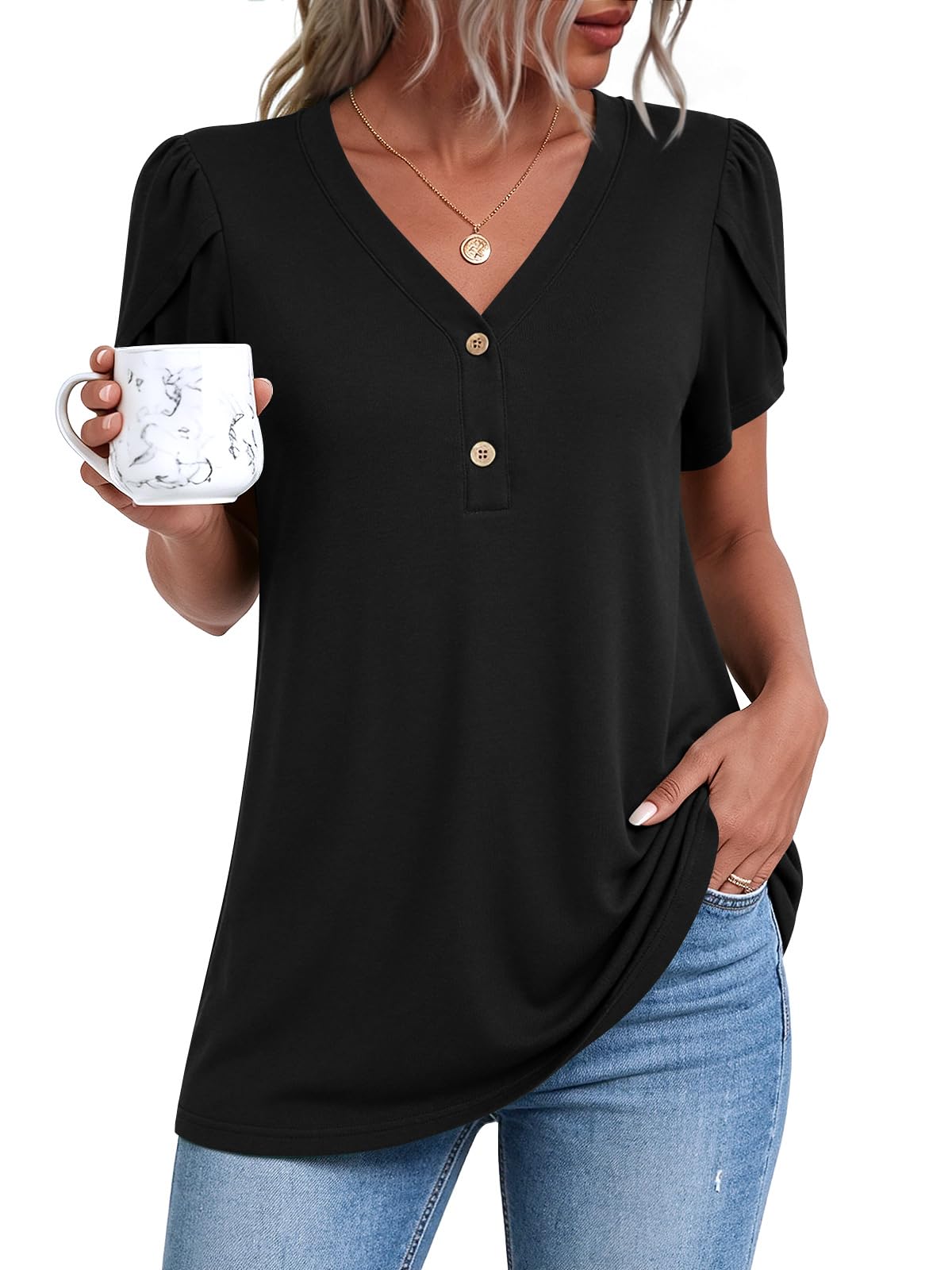 BISHUIGE 2026 Women's Summer Henley V-Neck Button Up Tunic Top Petal Sleeve Comfy Blouse Casual T-Shirt Sizes M-3XL
