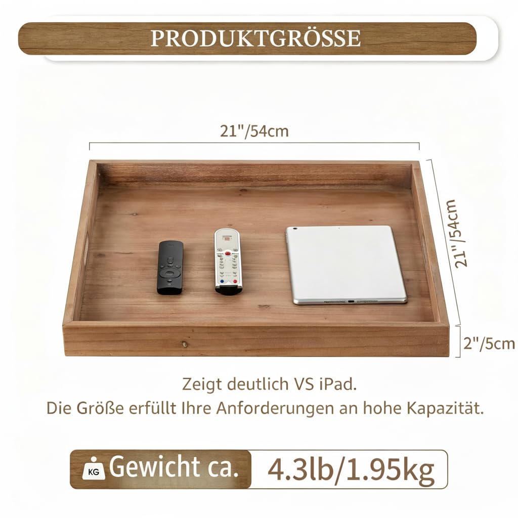 Hanobe Vassoio quadrato grande ottomano: vassoi extra large in legno rustico decorativo per tavolino da caffè ottomano con manici per soggiorno marrone