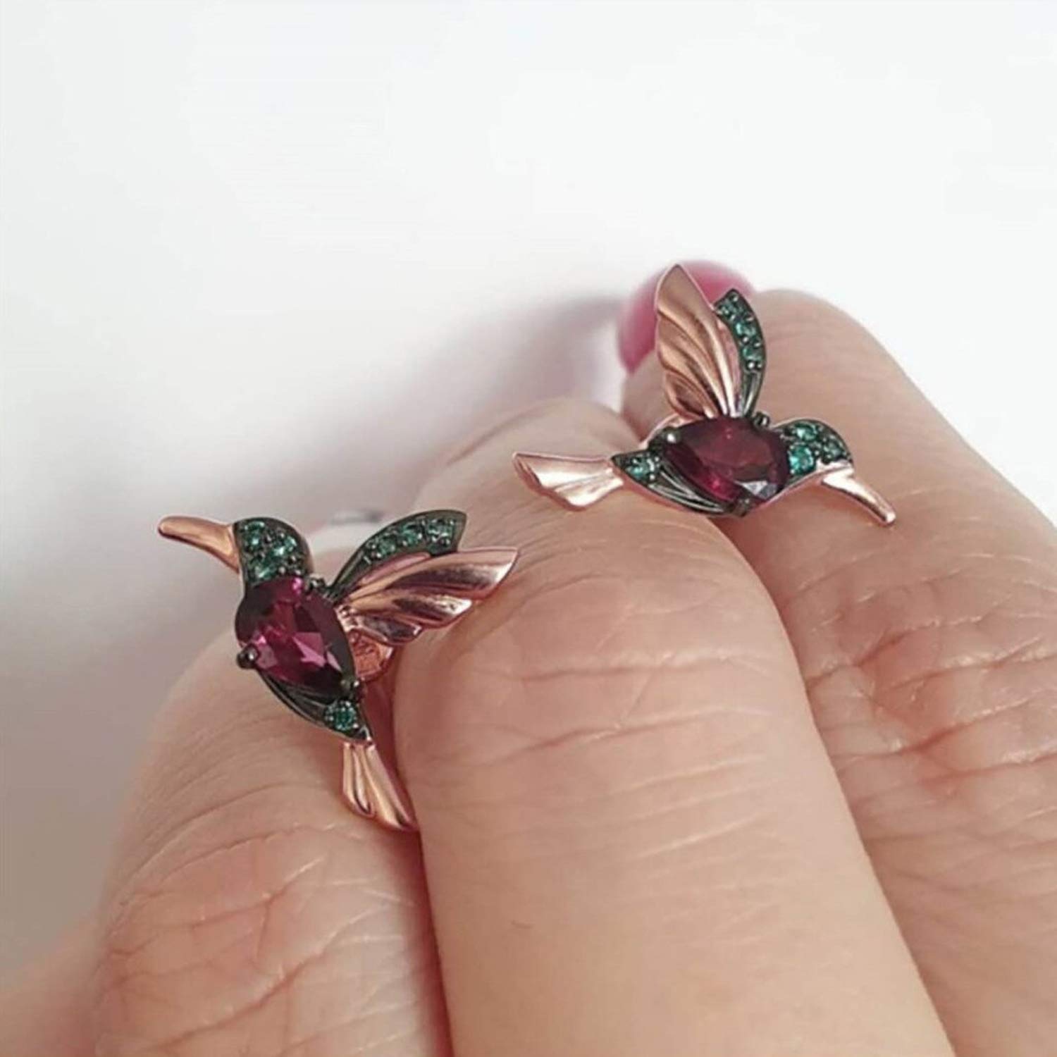 Miniblings Kolibri łańcuszek kolczyki w kolorze różowego złota — oryginalna modna biżuteria I stras ptaki kamienie stras — kolczyki biżuteria do uszu różowe złoto, 15mm, Różowe złoto Stras, Stras