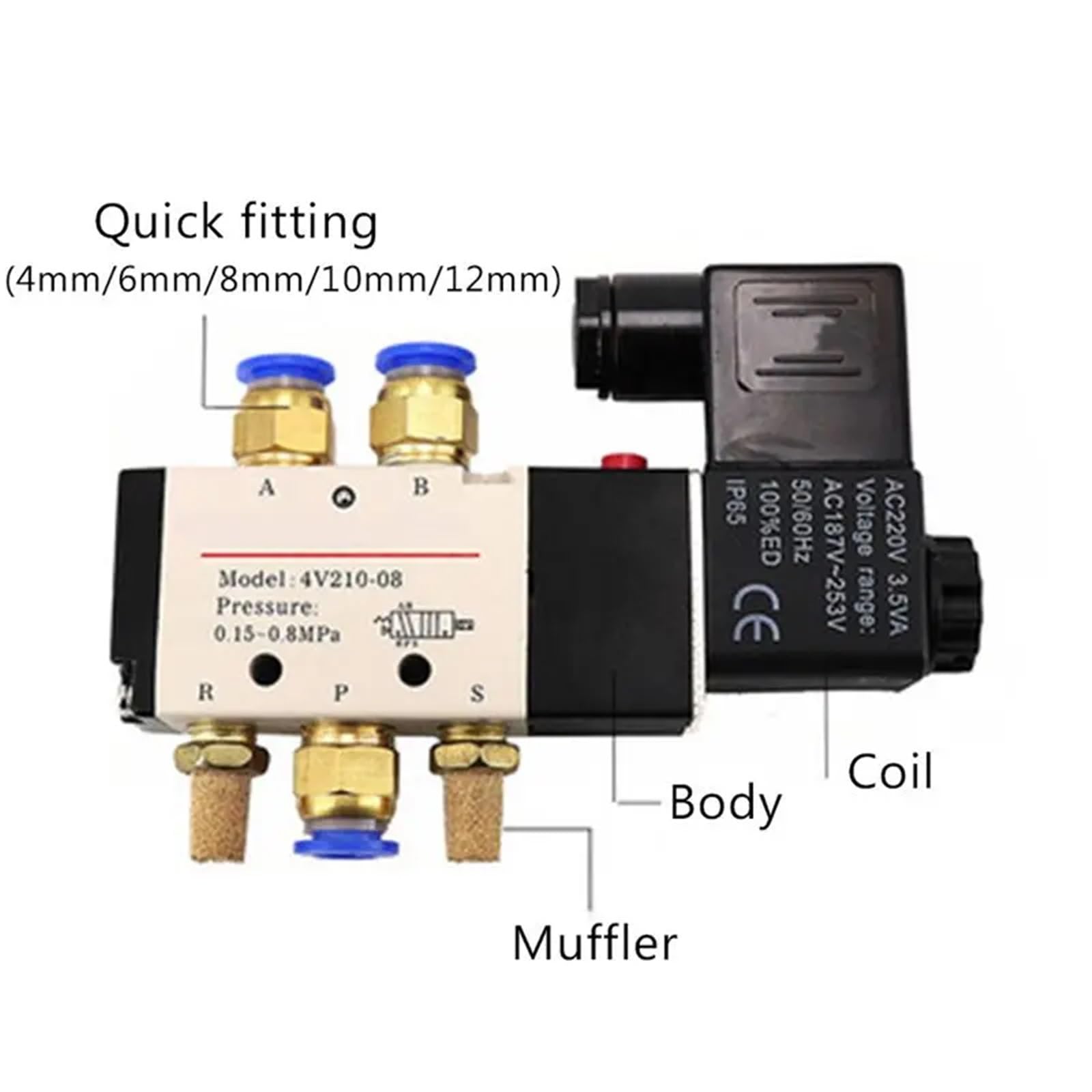 Electroválvula neumática eléctrica de 5 vías y 2 posiciones, control aire gas, válvula magnética, 12 V, 24 , 220 , voltaje bobina, conexiones manguera 4 mm a(Pc 4mm Fittings,Motor With Bracket)