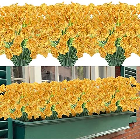 ZEOSTARO Artificial Flowers 12 Bundles Outdoor UV Resistant Fake Flowers No Fade Faux Plastic Greenery Shrubs Garden Porch Window Box Decorating (Yellow) Cover