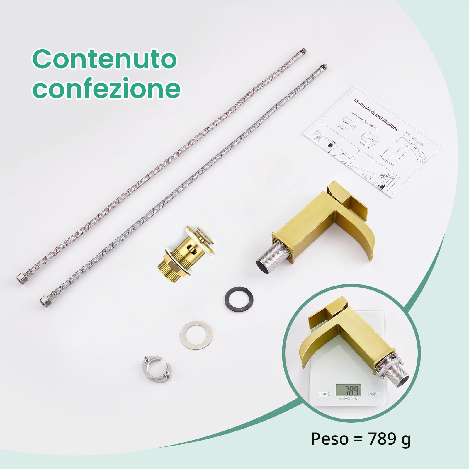 Faustina Rubinetto per Lavabo da Bagno Cascata e Piletta Pop Up con Troppopieno, Miscelatore Monocomando per Bagno Quadrato, oro
