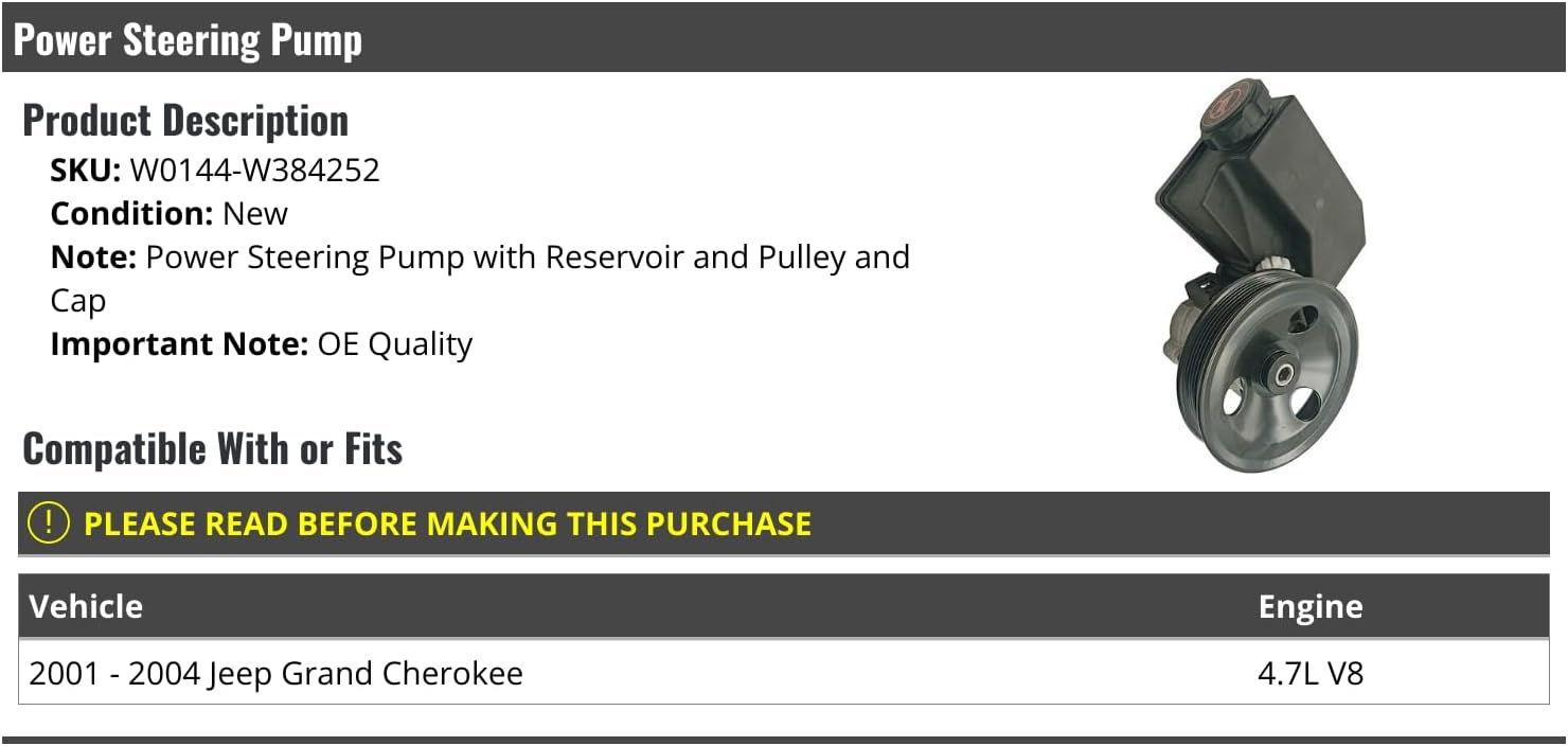 Power Steering Pump with Reservoir and Pulley and Cap - Compatible with 2001-2004 Jeep Grand Cherokee 4.7L V8