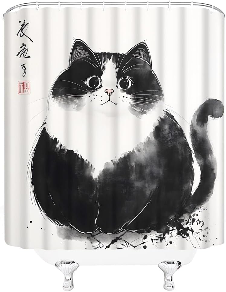 Asian Cat Shower Curtain Funny Black and White Kitten Chinese Japanese Traditional Ink Painting Lovely Animal Fabric Bathroom Decor Curtains with Hooks,82 x 70