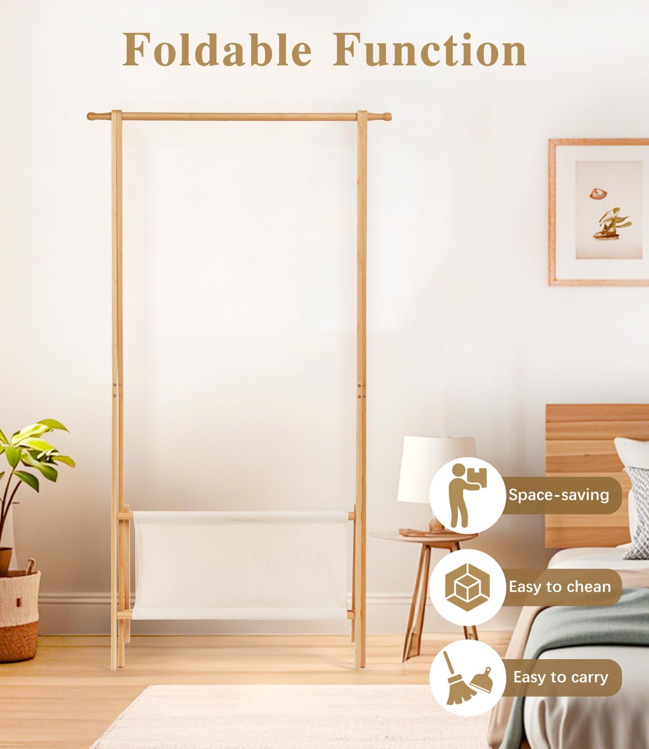 Bamboo Clothes Rack with Storage Box, Portable Extra Large Garment Rack Clothing Rack, Foldable Wardrobe For Entryway and Bed Room (M)