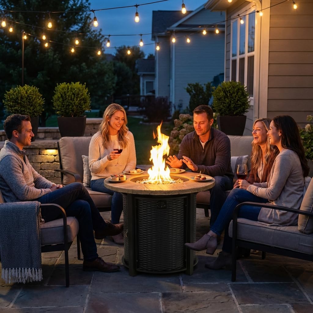 30 Inch Propane Gas Fire Pit Table, Round Outdoor Firepit with 50000 BTU Output, Imitation Wood Grain Finish, Weather-Resistant Steel Construction for Patio, Deck, Garden, Backyard Use – Black