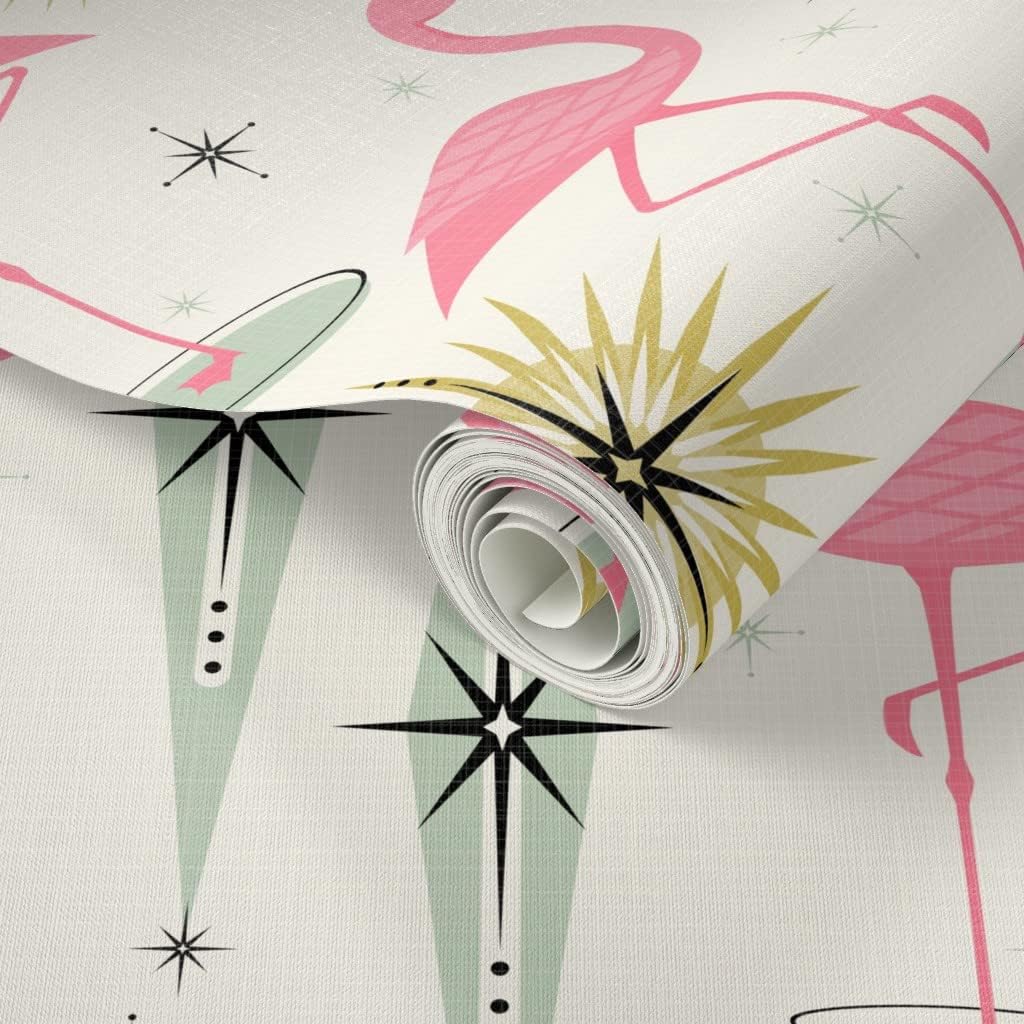 Peel & Stick Wallpaper Swatch - Retro Flamingo Diamonds 1950S Tropical Flamingos Fifties Atomic Custom Removable Wallpaper by Spoonflower