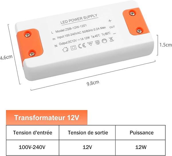 Transformateur 220V 12V LED 12W, LED Driver alimentation 12v 12w 1A, convertisseur 220v 12 v, Convertisseur De Tension AC à DC Adaptateur Transfo Constante pour G4, GU5.3, MR11, MR16 - 2