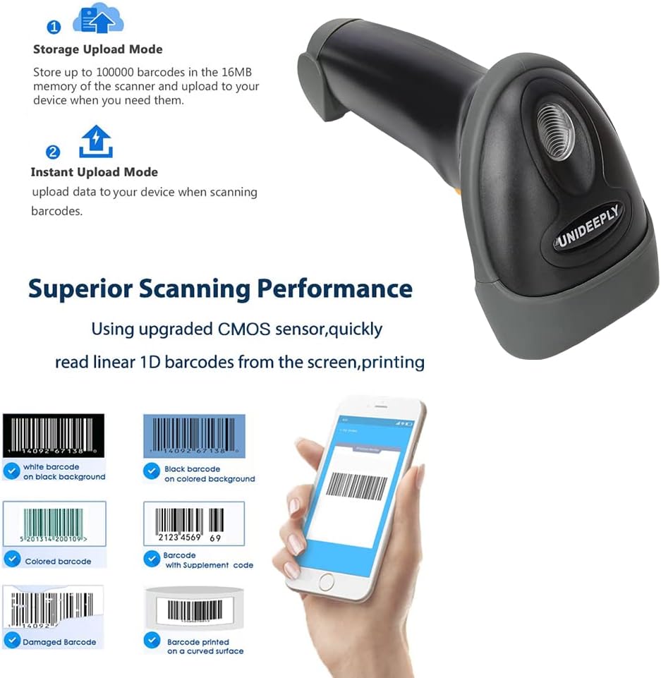 Dimensions of the UNIDEEPLY barcode scanner: 6.5 inches long, 2.4 inches wide, 3.6 inches high