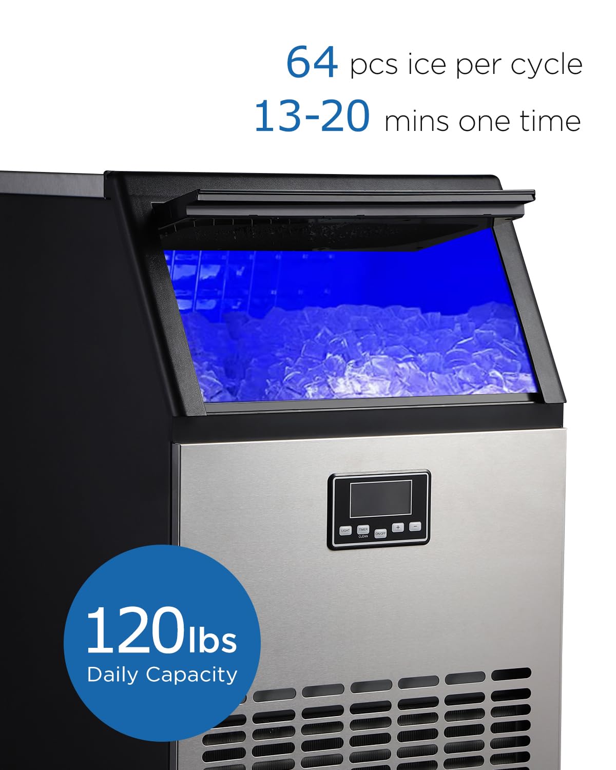 Close-up of the ice maker showing '120lbs Daily Capacity' and '64 pcs ice per cycle 13-20 mins one time'.