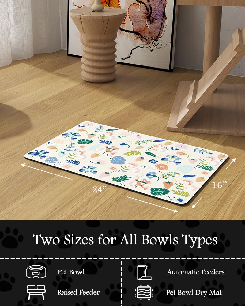 Tapis d'alimentation absorbant pour animal de compagnie pour gamelle de nourriture et d'eau, ne tache pas, séchage rapide, accessoires pour animaux de compagnie, bol pour buveurs désordonnés (fleurs