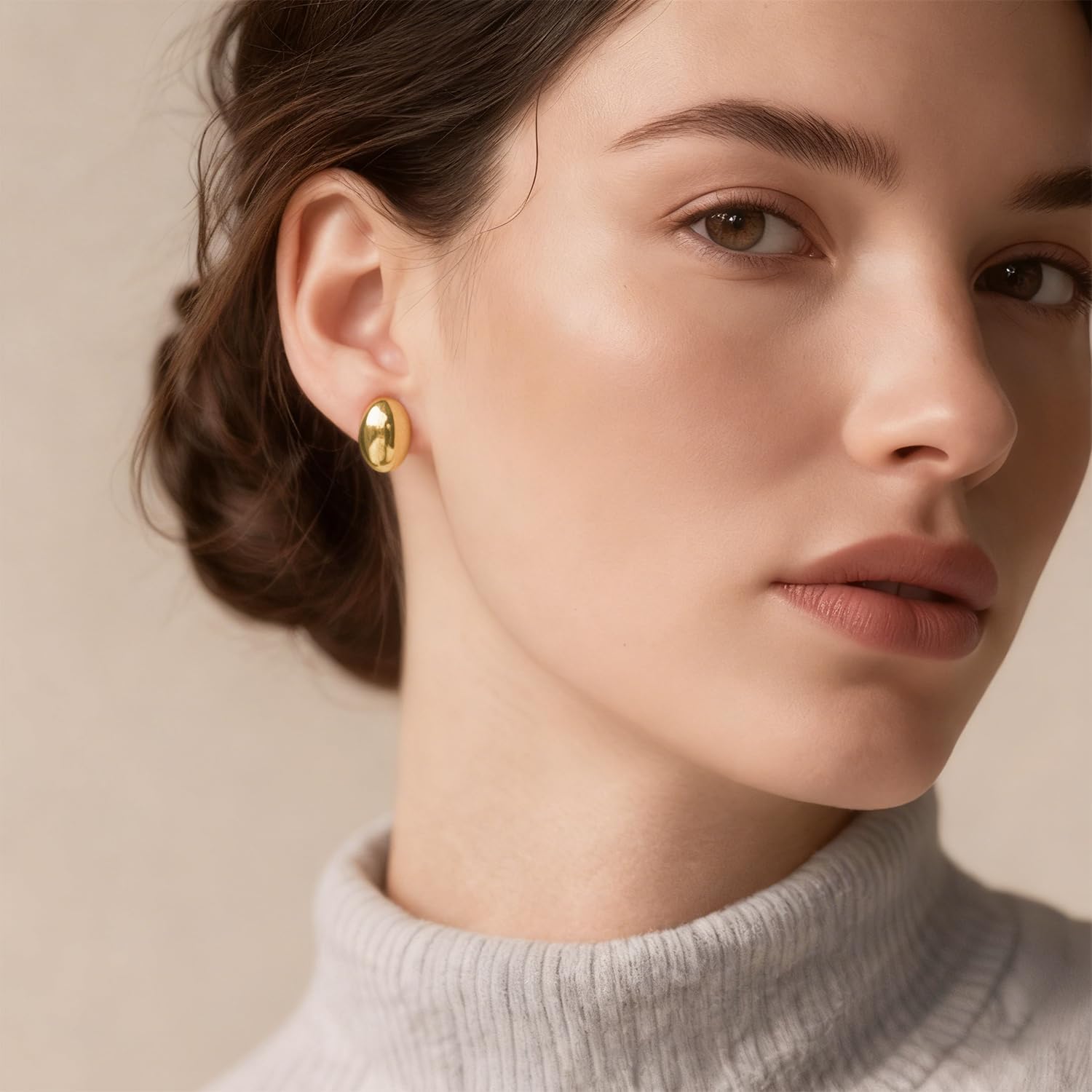 Gold Studs Earrings for Women 14K Gold Earrings for Women Earring Studs Smooth Oval Disc Cute Stud Earring for Womens 17mm - Image 5