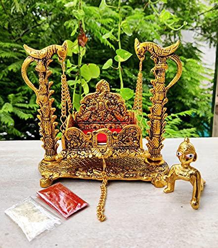 Image of Wonder Care | Laddu Gopal with jhula Statue Sculpted in Great Detail in Ivory Antique Golden Finish - Laddu Gopal | Home Decor | Mandir | Gift | Hindu God Idol (Laddu Gopal+Jhula Combo+Roli Chawal)