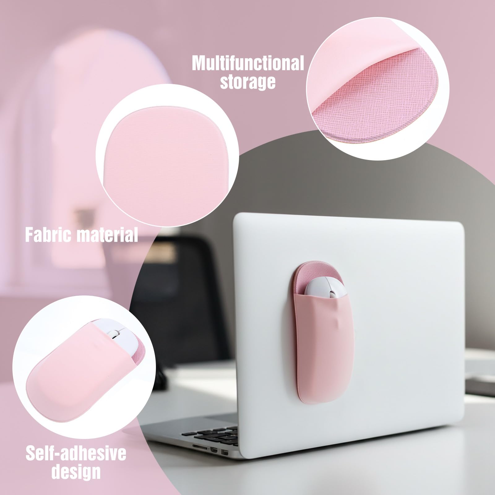 Support de souris fin pour ordinateur portable, pochette universelle pour souris sans fil pour ordinateur portable, rose adhésif, sans résidus de colle