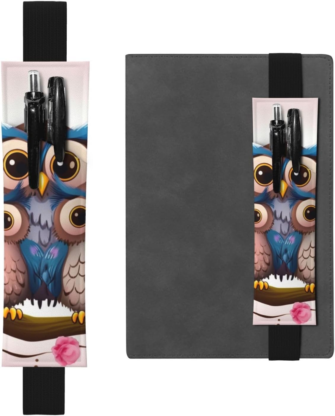 Cute Owls Pen Holder for Notebook, PU Leather Pen Sleeve Pouch for Gift, Detachable Bookmark Elastic Journal Pencil Holder Case - Hold 2-3 Pens, Black