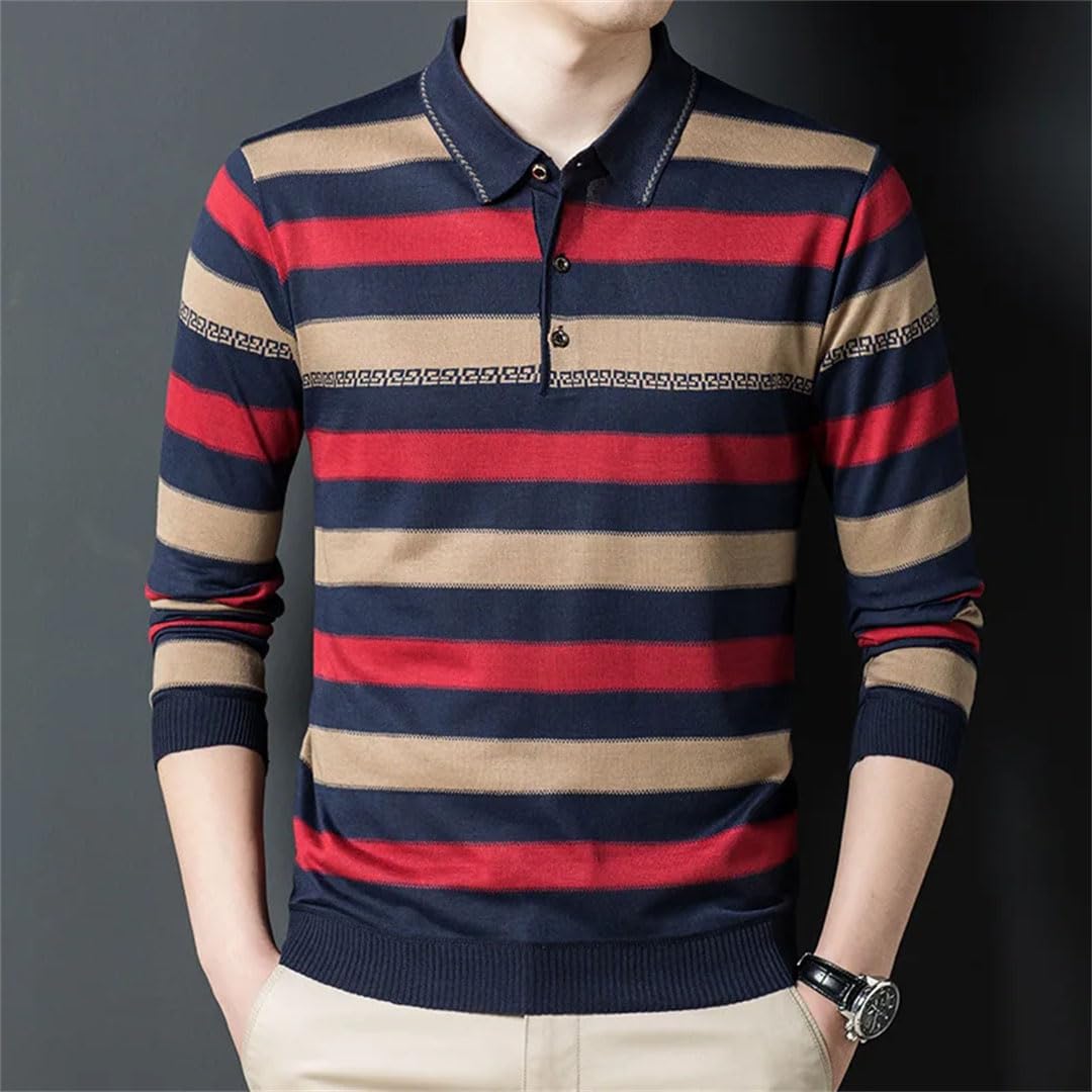 Camiseta polo de manga larga con botones a rayas para hombre, para negocios, ajustada, holgada