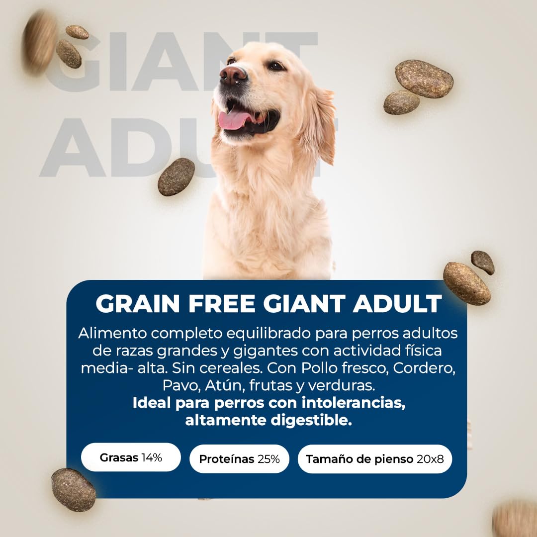 Pienso para Perros Grandes sin Cereales - Completo, Natural e Hipoalergénico para Razas Gigantes, Maxi - Grain Free con Pollo Fresco, Cordero, Pavo y Atún - 12kg - Lobo Azul Supreme Giant Adult