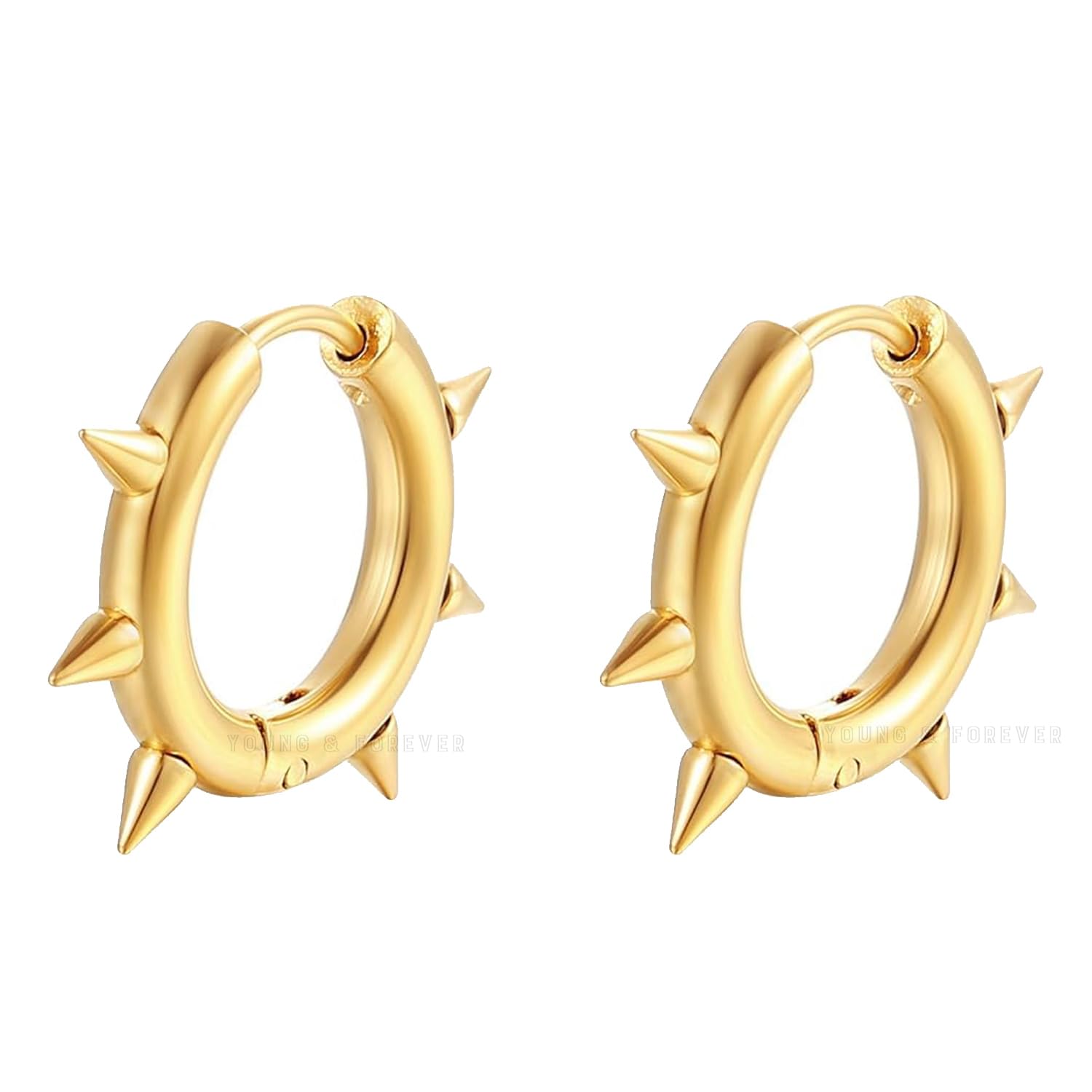 Gold Plated Spike Hoop Earrings, Small Huggie Hoops with Studs, Fashion Statement Jewelry for Men Boys Unisex-image-34