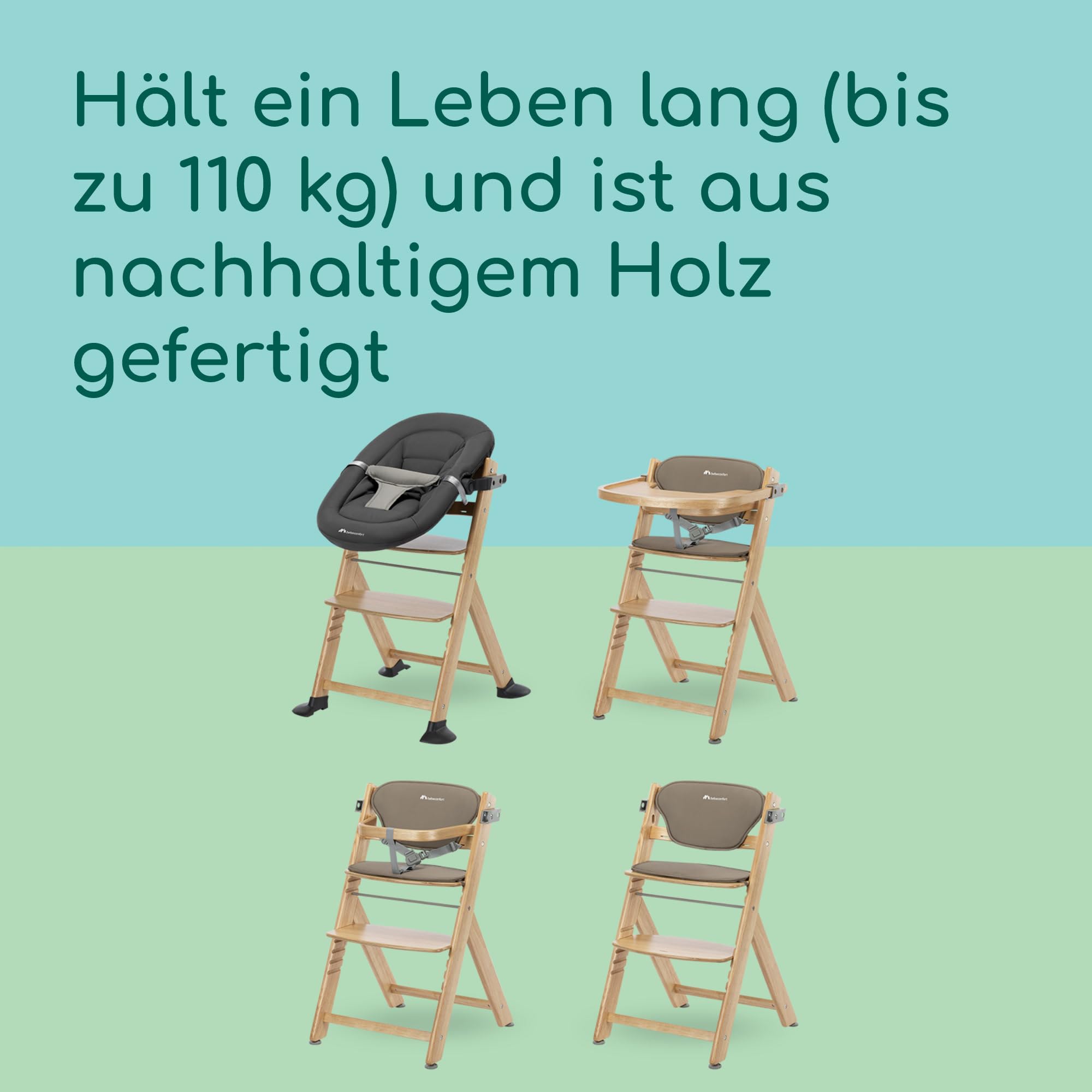 Bebeconfort Timba 2 mit Kissen, Mitwachsender Hochstuhl Baby, Ab 6 Monaten, Bis 110 kg, Ergonomischer Baby & Kinderhochstuhl Holz, Fast alle Esstische, Abnehmbares Tablett, Natural Wood + Beige