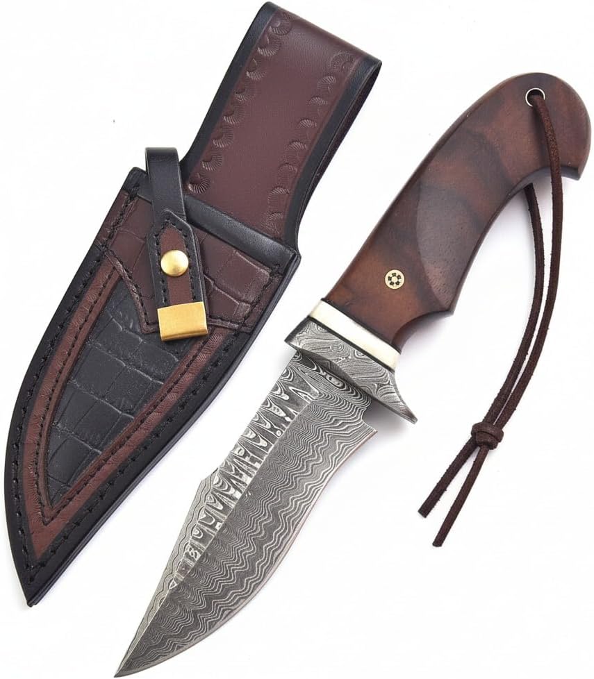 10″ Handmade Damascus Hunting Knife with Leather Sheath – Recurve Fixed Blade with Hollow Grinds for Skinning, Camping, Bushcraft – Full Tang Outdoor Knife with Walnut Burl Handle