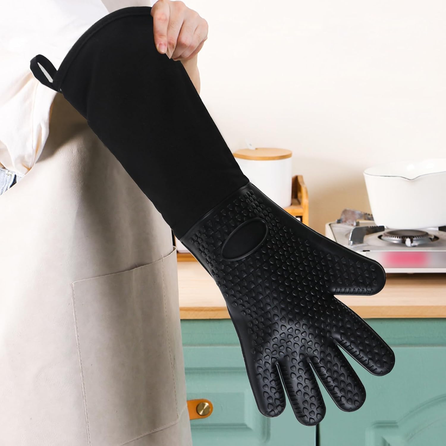Guanti da forno extra lunghi, resistenti al calore, con fodera in cotone, guanti spessi da cucina, per pentole, cottura al forno, barbecue (50 cm, nero, 1 paio)