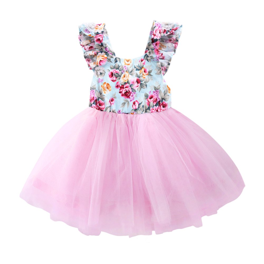 YOHA Baby Girls Floral Lace Tutu Tulle Dress Birthday Tutu Kid Girls Party Dress Lace-Pink,80
