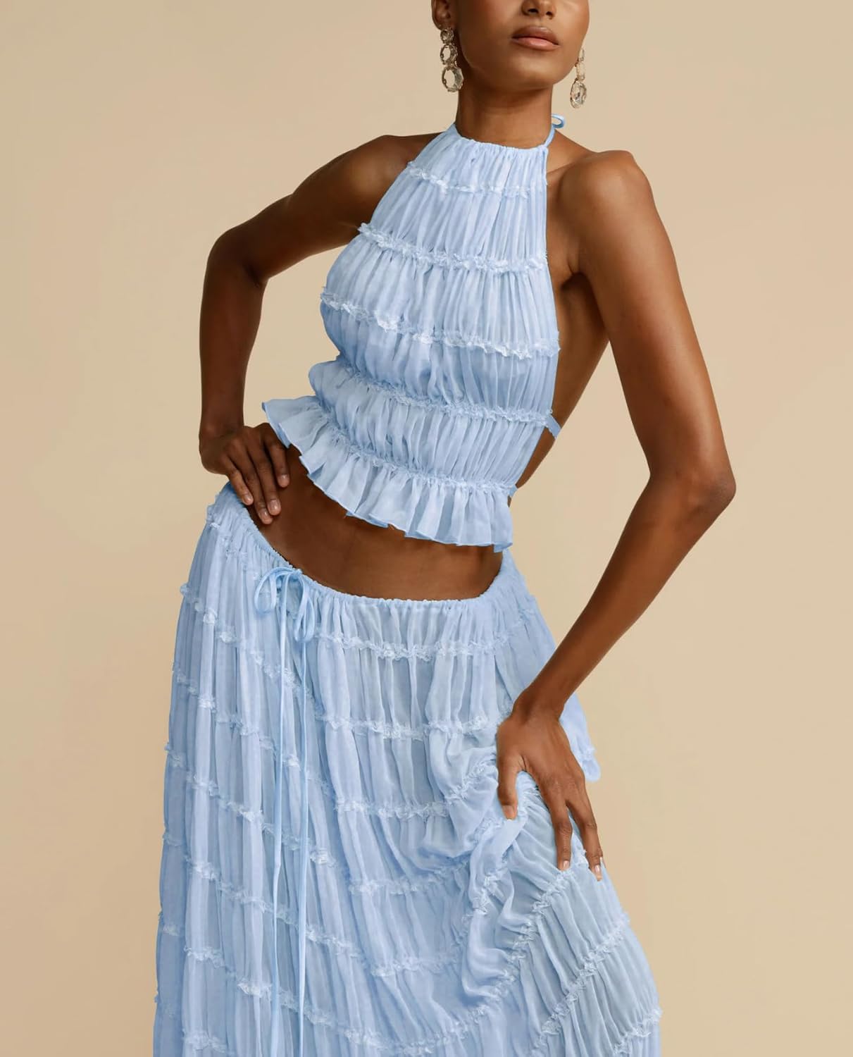 Ensemble 2 pièces en mousseline de soie pour femme – Haut court dos nu à lacets sans manches et jupe longue plissée fluide taille haute pour soirée, événements, vacances à la plage