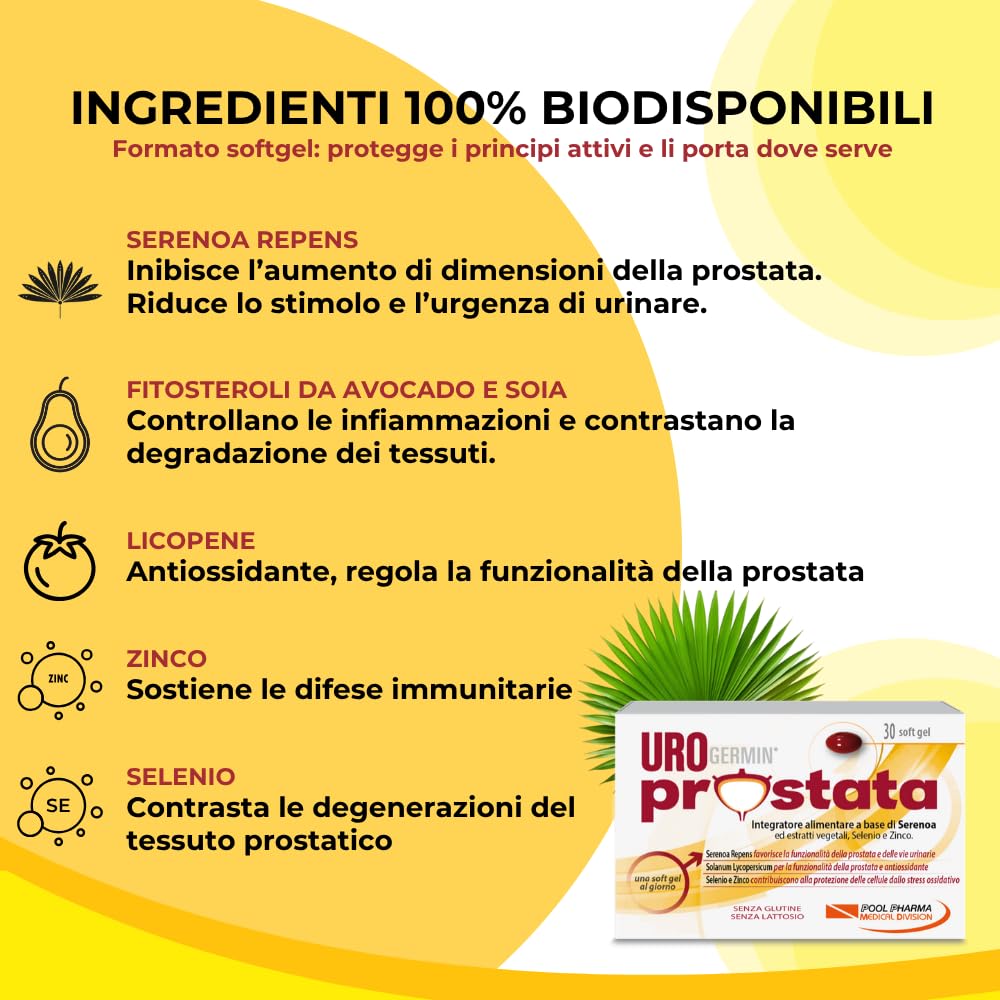 Urogermin Prostata, 30 Capsule Molli - Integratore prostata con Serenoa repens 320 mg/dose (saw palmetto), Licopene, Selenio, Zinco e Fitosteroli da Avocado e Soia, benessere vie urinarie uomo