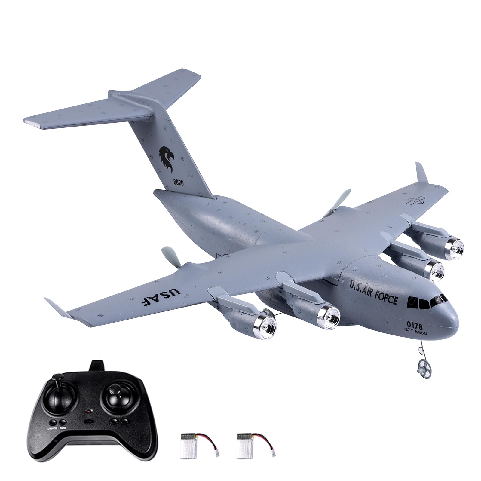 RC Plane Remote Control Airplane, 2 Channels RC Airplane, C-17 Military Transport Aircraft, 2.4GHz EPP Foam Fixed-Wing RC Glider with Gyro and 2 Batteries, Easy to Fly for Beginners