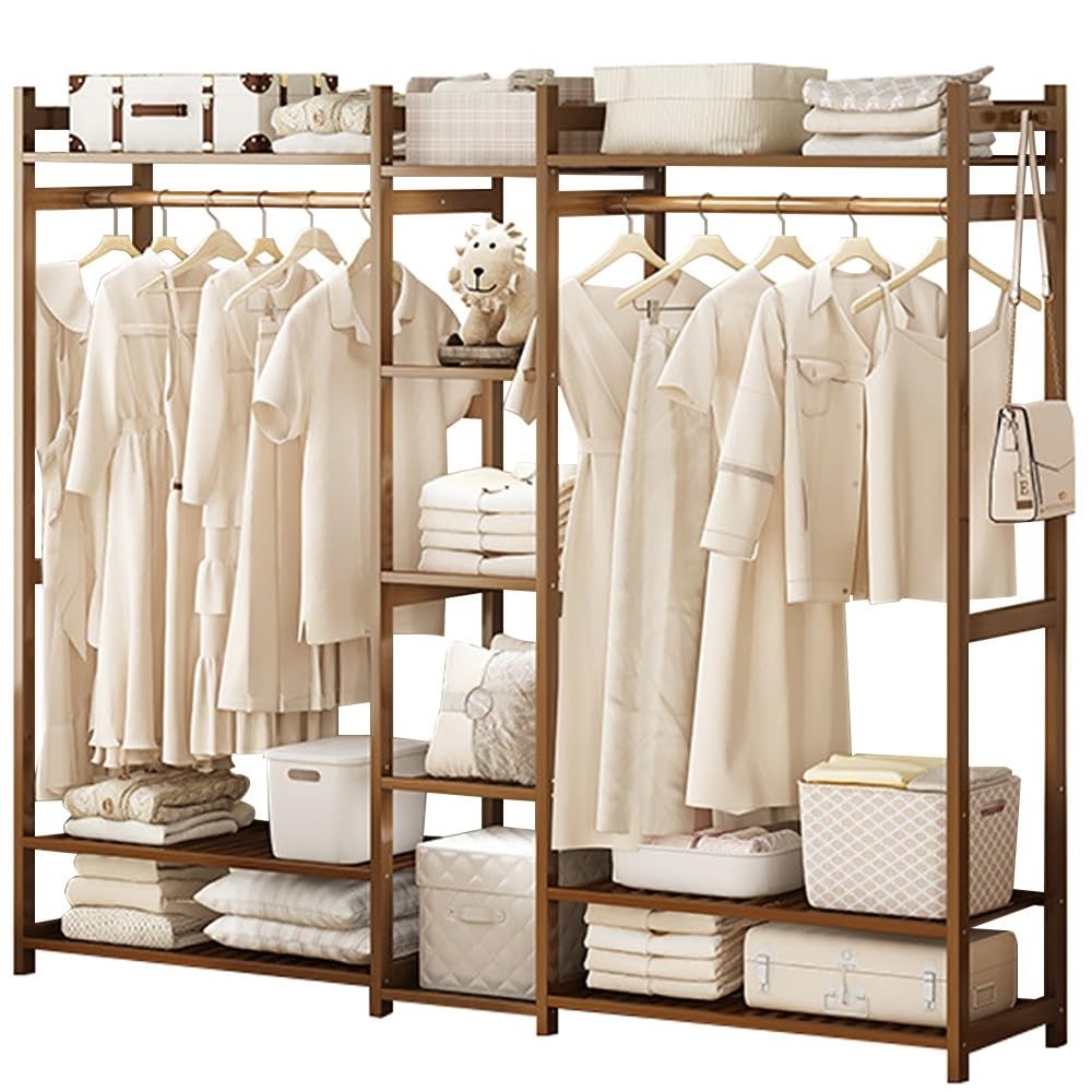 POLGDW Bamboo Clothes Rack with 5 Shelves Independent Garment Bar for Bedroom Sturdy Design for Dresses Shoes & Hats Max Load 100kg – Versatile Storage Solution