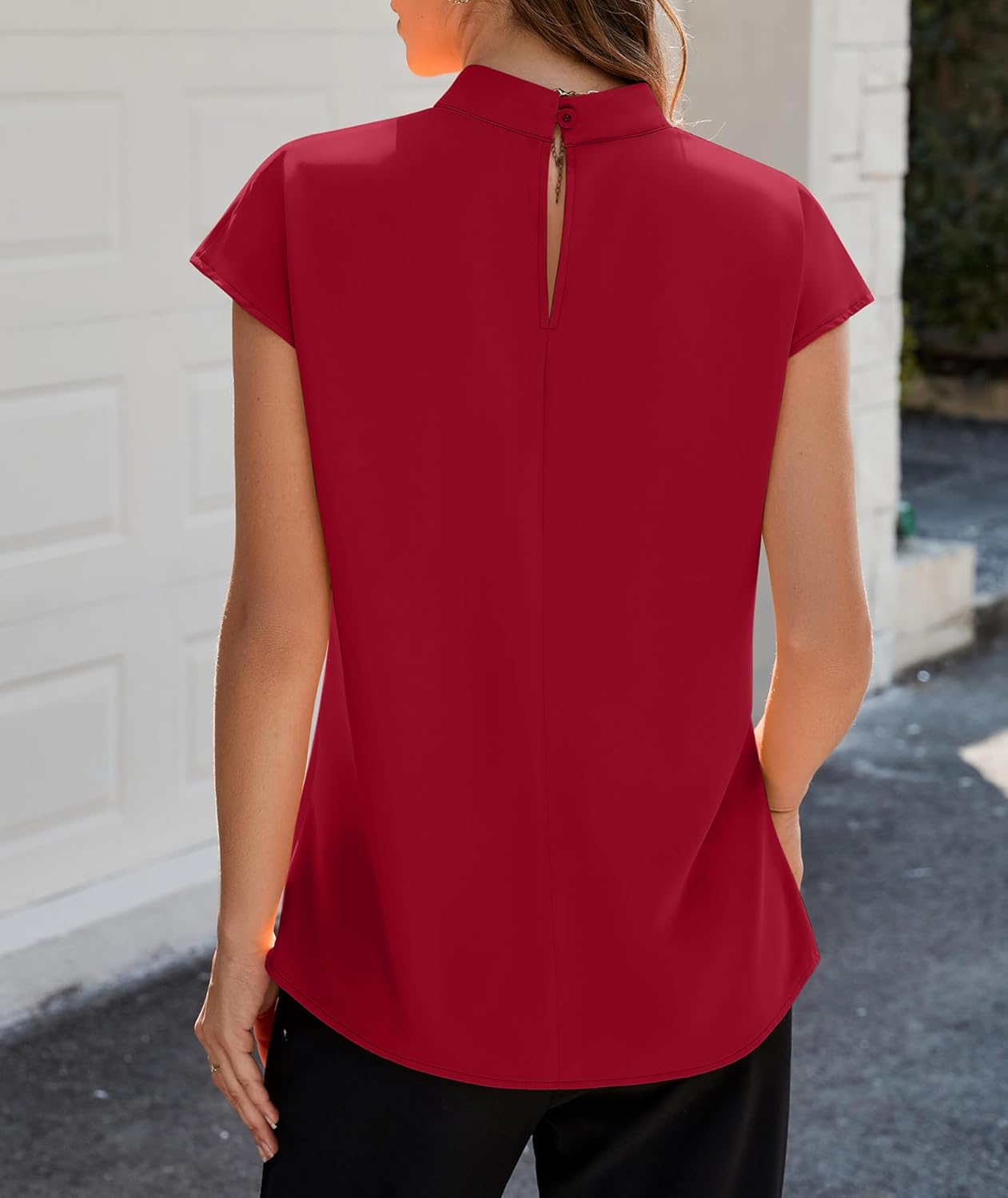 Funlingo Womens Summer Tops Mock Neck Short Cap Sleeve Blouses Business Casual Work Chiffon Shirts Front Pleated Tunic Top - Image 2