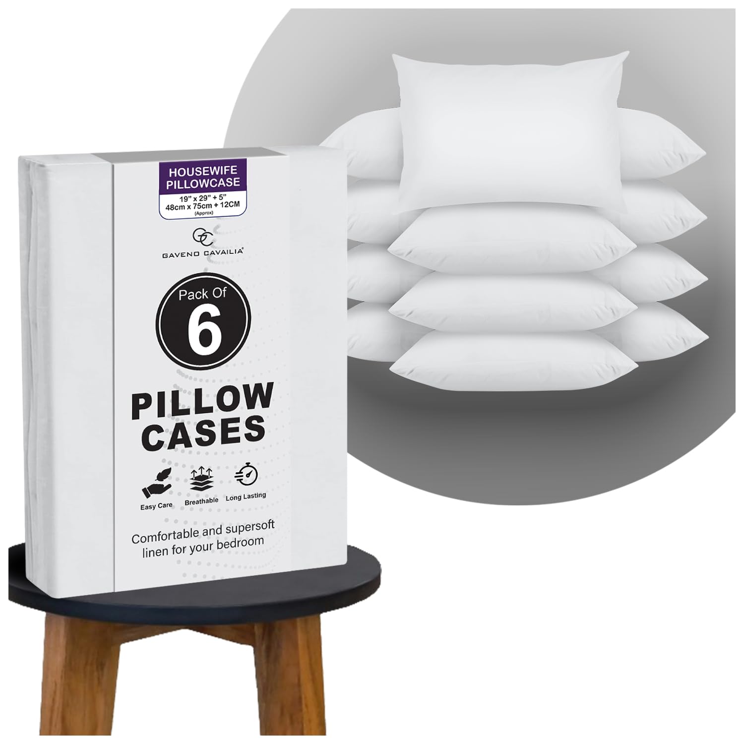 GC GAVENO CAVAILIA Plain White Pillow Cases 6 Pack | Breathable, Wrinkle, Soft Touch Polycotton Bedding Pillowcases | Hotel Quality Hypoallergenic Pillow Covers Envelope Closure 74x48 Cm